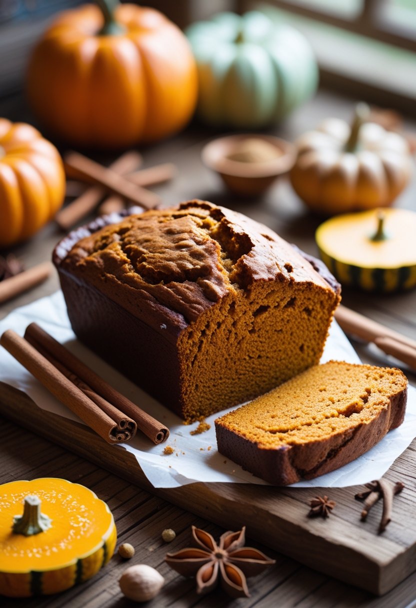 Close-up of spiced pumpkin bread on a rustic wooden surface surrounded by cinnamon sticks, star anise, and pumpkin slices with a blurred background.