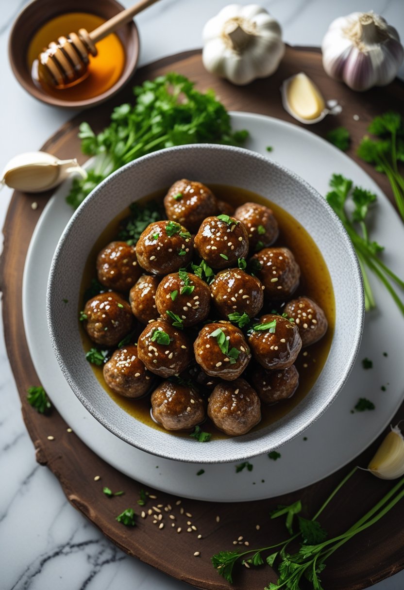A bowl of honey garlic meatballs garnished with parsley and sesame seeds on a rustic wood surface, surrounded by garlic cloves and fresh herbs.