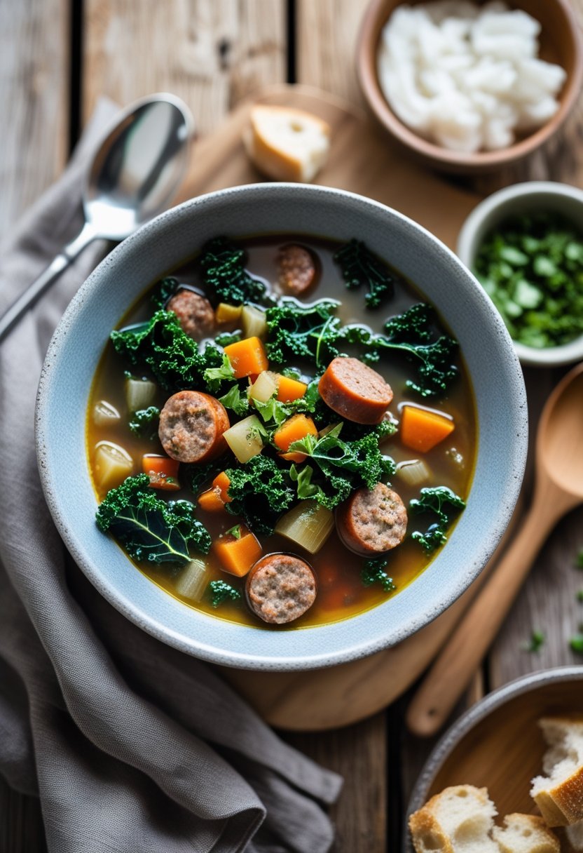 A bowl of sausage and kale soup with fresh vegetables on a rustic wooden surface, accompanied by a wooden spoon and crusty bread.