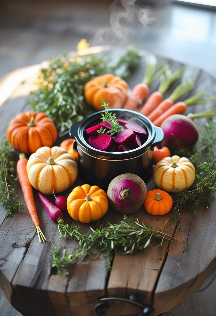 An overhead view of a slow cooker surrounded by fresh fall vegetables and herbs on a rustic wood surface.