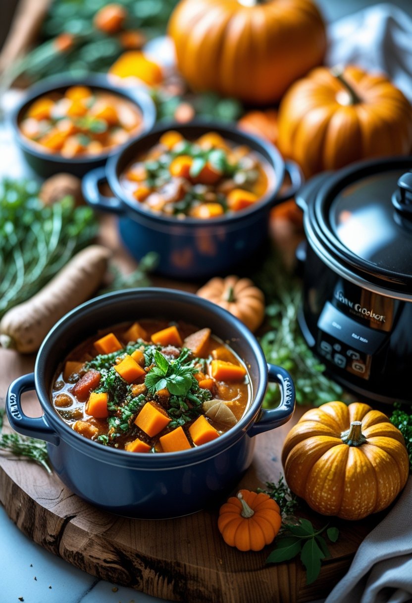 An overhead view of fall slow cooker dishes with fresh vegetables and herbs arranged on a rustic surface.