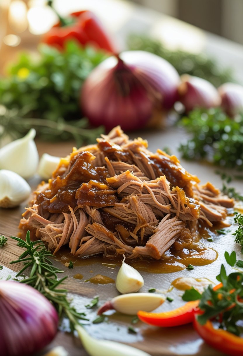 Close-up of a bowl of slow cooker pulled pork with fresh herbs and vegetables on a rustic surface.