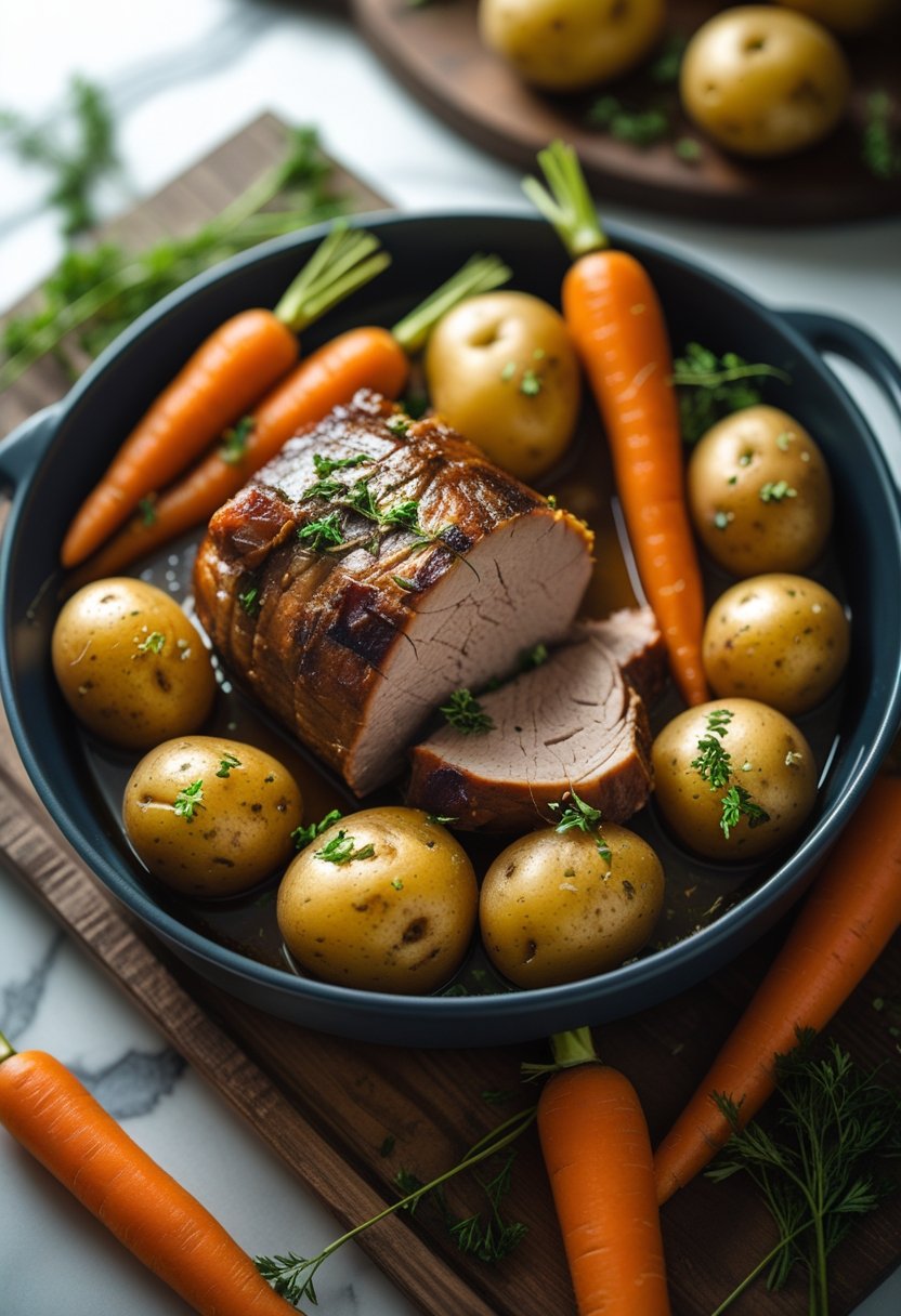 A crockpot pork roast served with potatoes and carrots on a rustic surface.