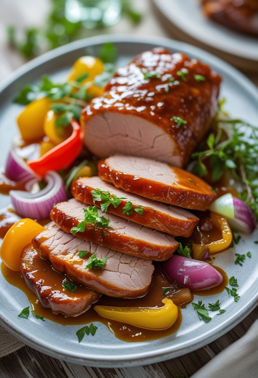 A plate of Mississippi Pork Tenderloin with colorful vegetables on a rustic surface.