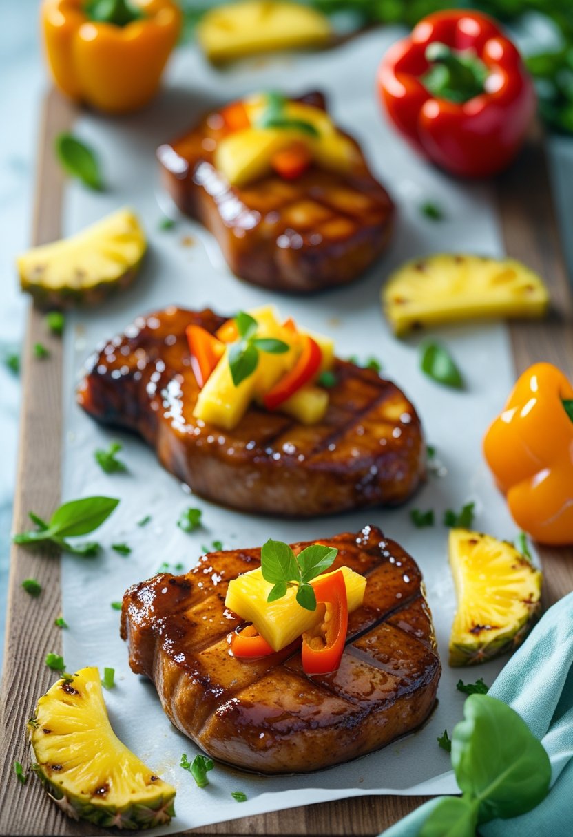 A plate of glazed Hawaiian pork chops with pineapple slices and fresh herbs on a rustic surface.