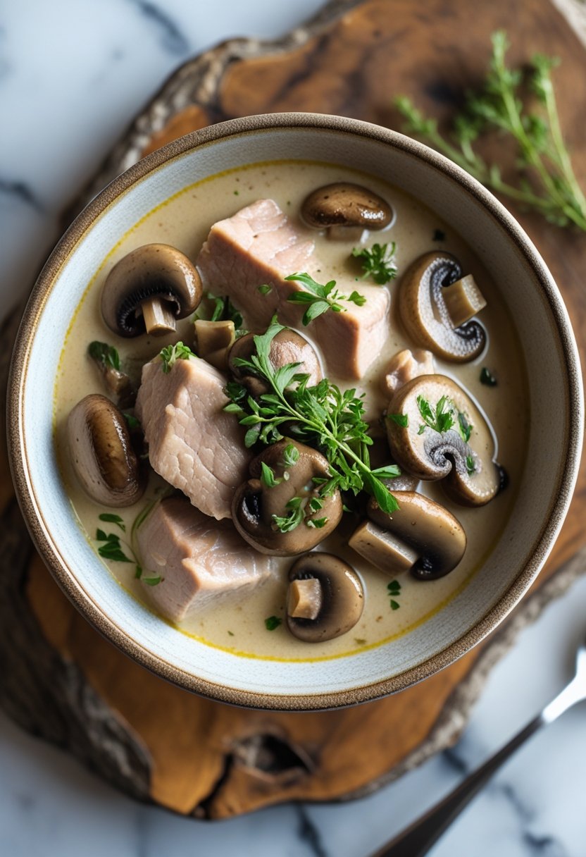 A bowl of creamy pork and mushroom stew on a rustic wooden surface with fresh herbs and mushrooms around it.