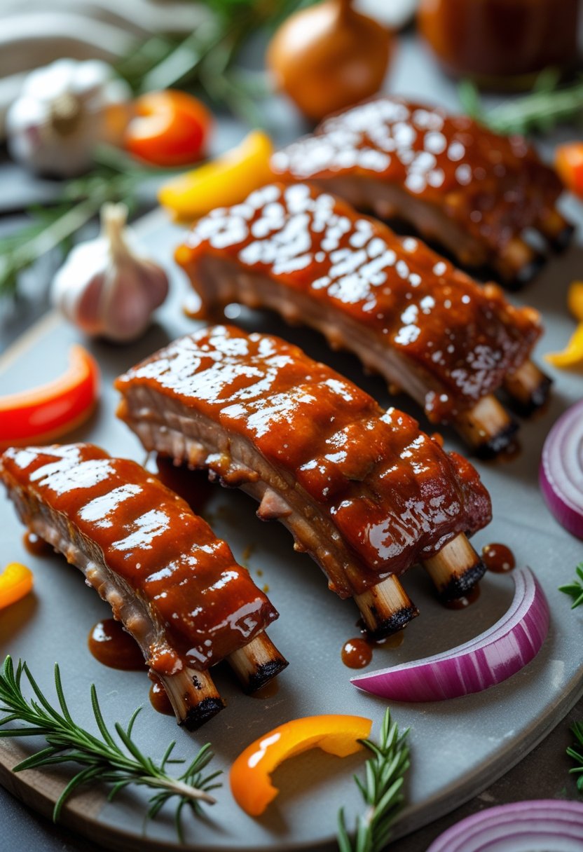 Close-up of glazed BBQ pork ribs on a rustic surface with fresh herbs and vegetables around them.