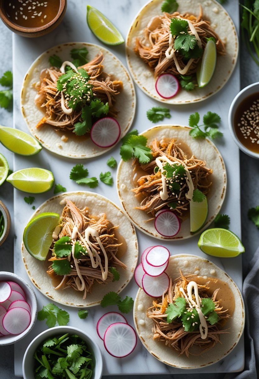 Close-up of three Asian-inspired slow cooker pork tacos with fresh toppings on a rustic surface, accompanied by small bowls of sauces and garnishes.