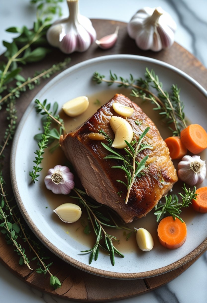 A cooked pork shoulder garnished with garlic and herbs on a rustic surface, surrounded by fresh vegetables.
