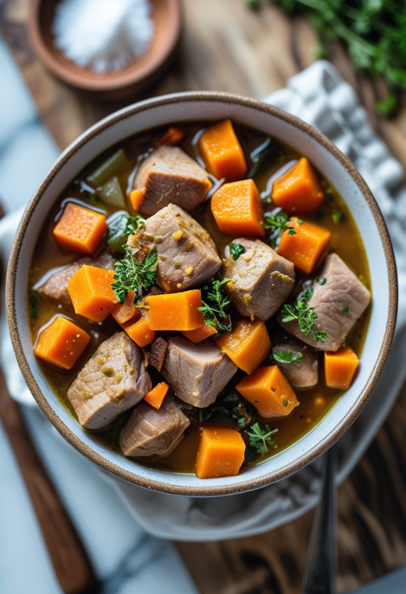A bowl of pork and sweet potato stew with chunks of meat and vegetables on a rustic surface.