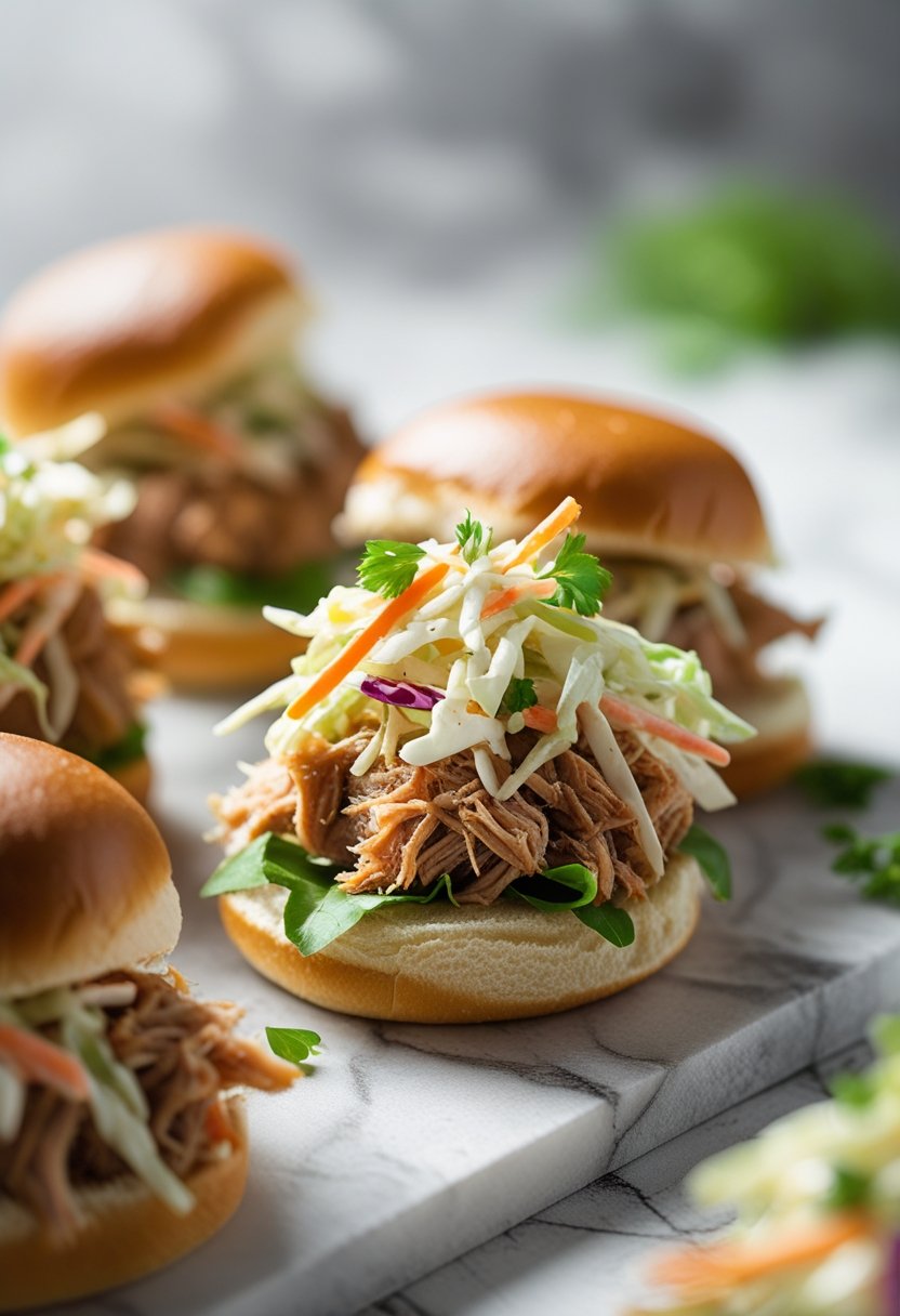 Pulled pork sliders topped with fresh coleslaw on a rustic surface, with a blurred background.