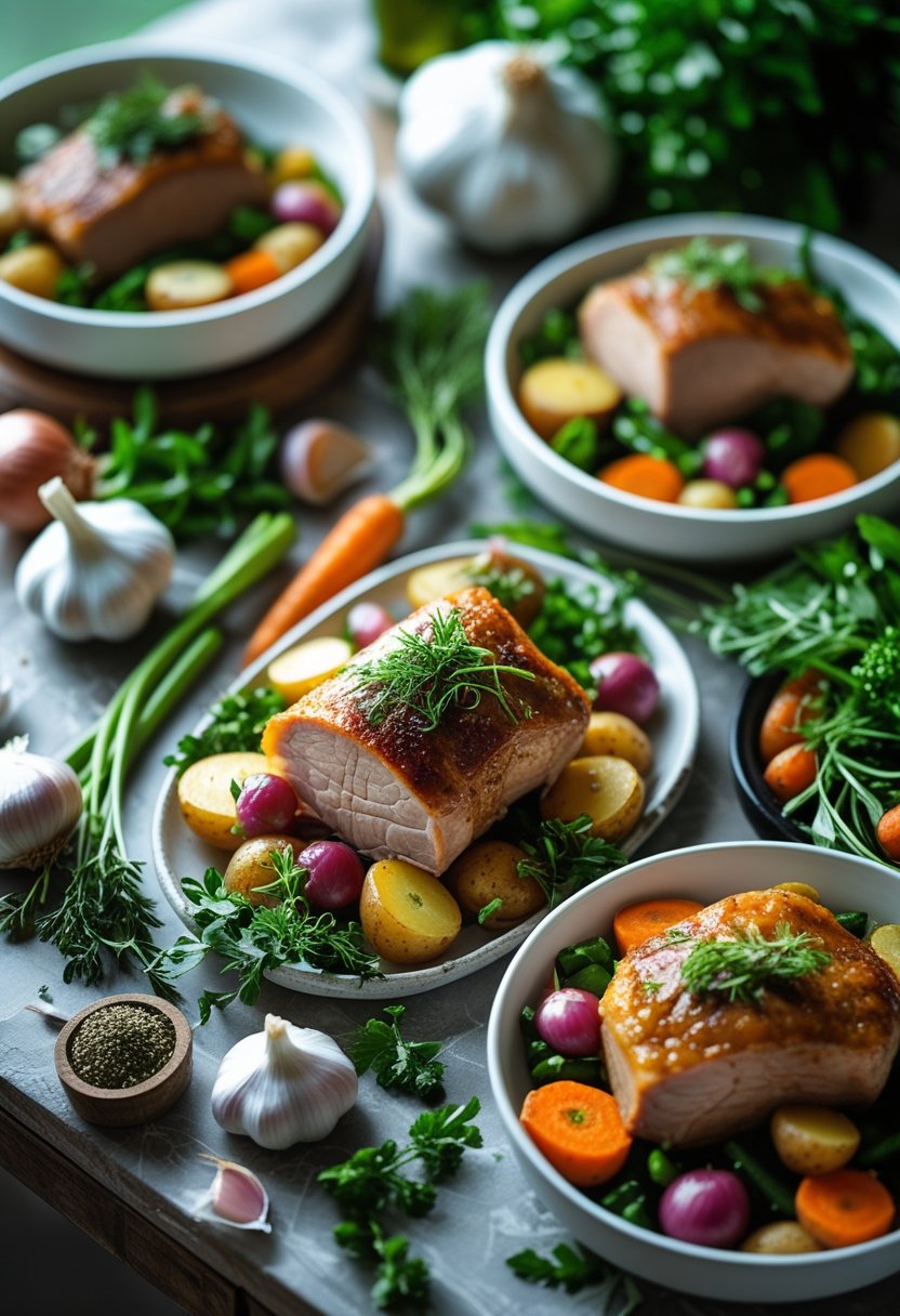 A variety of cooked pork slow cooker meals with fresh vegetables and herbs arranged on a rustic surface.