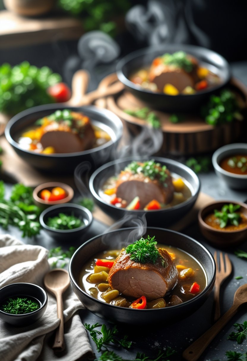 A variety of pork slow cooker dishes served on a rustic surface with fresh herbs and vegetables, steam rising from the hot food.