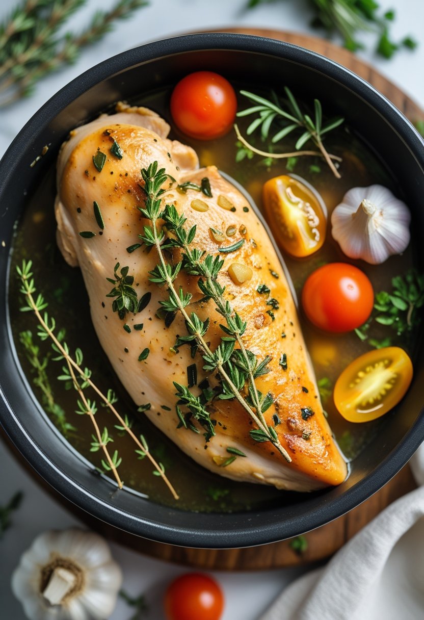 A dish of slow cooker chicken breasts with garlic and herbs on a rustic surface, surrounded by fresh herbs and vegetables.