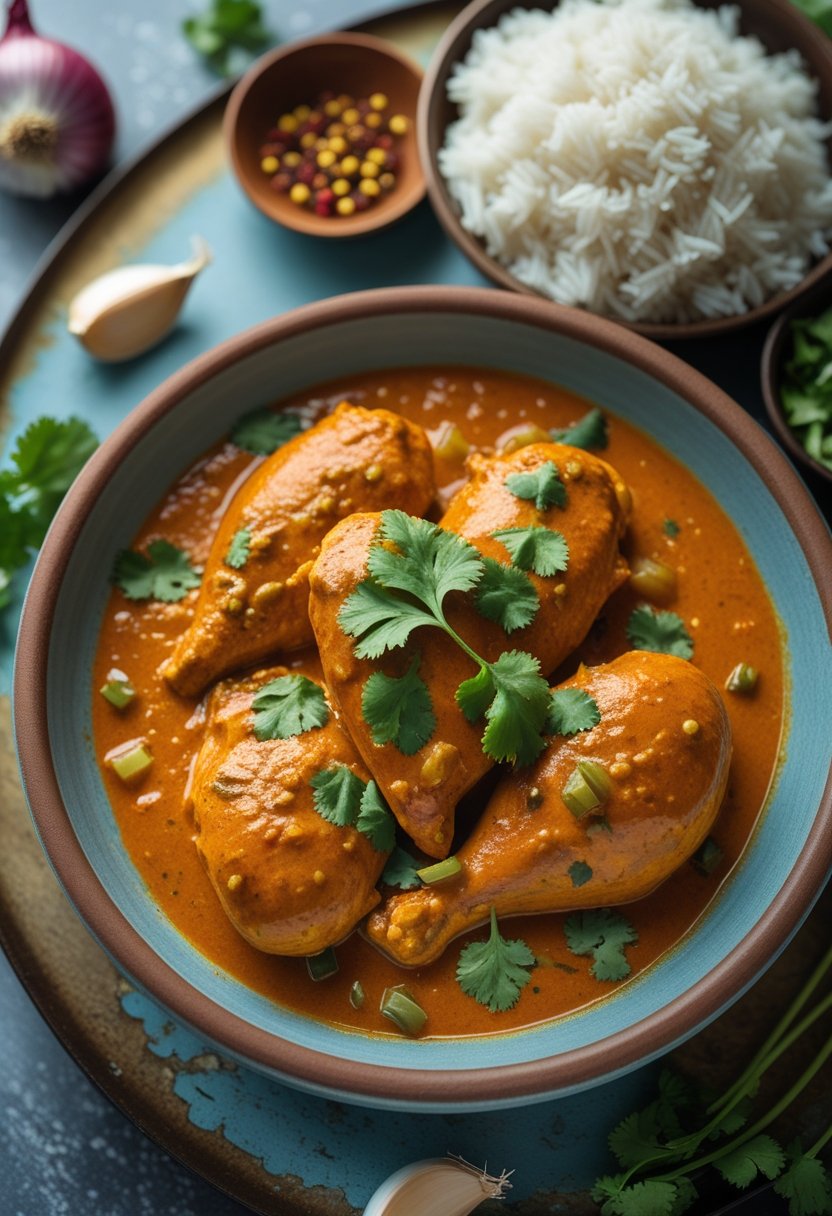 A bowl of chicken tikka masala with rice on a rustic surface, garnished with fresh cilantro and surrounded by spices and fresh ingredients.