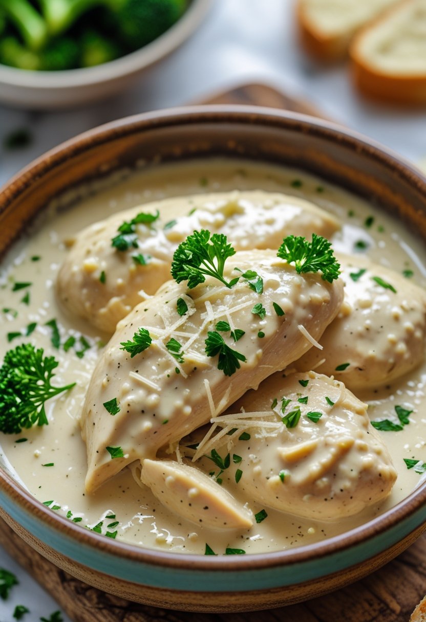 A bowl of creamy chicken Alfredo with chicken breasts and parsley garnish on a rustic surface, with a blurred background.