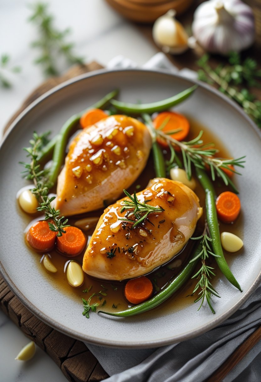 A plate of honey garlic slow cooker chicken breasts with fresh herbs and vegetables on a rustic surface.