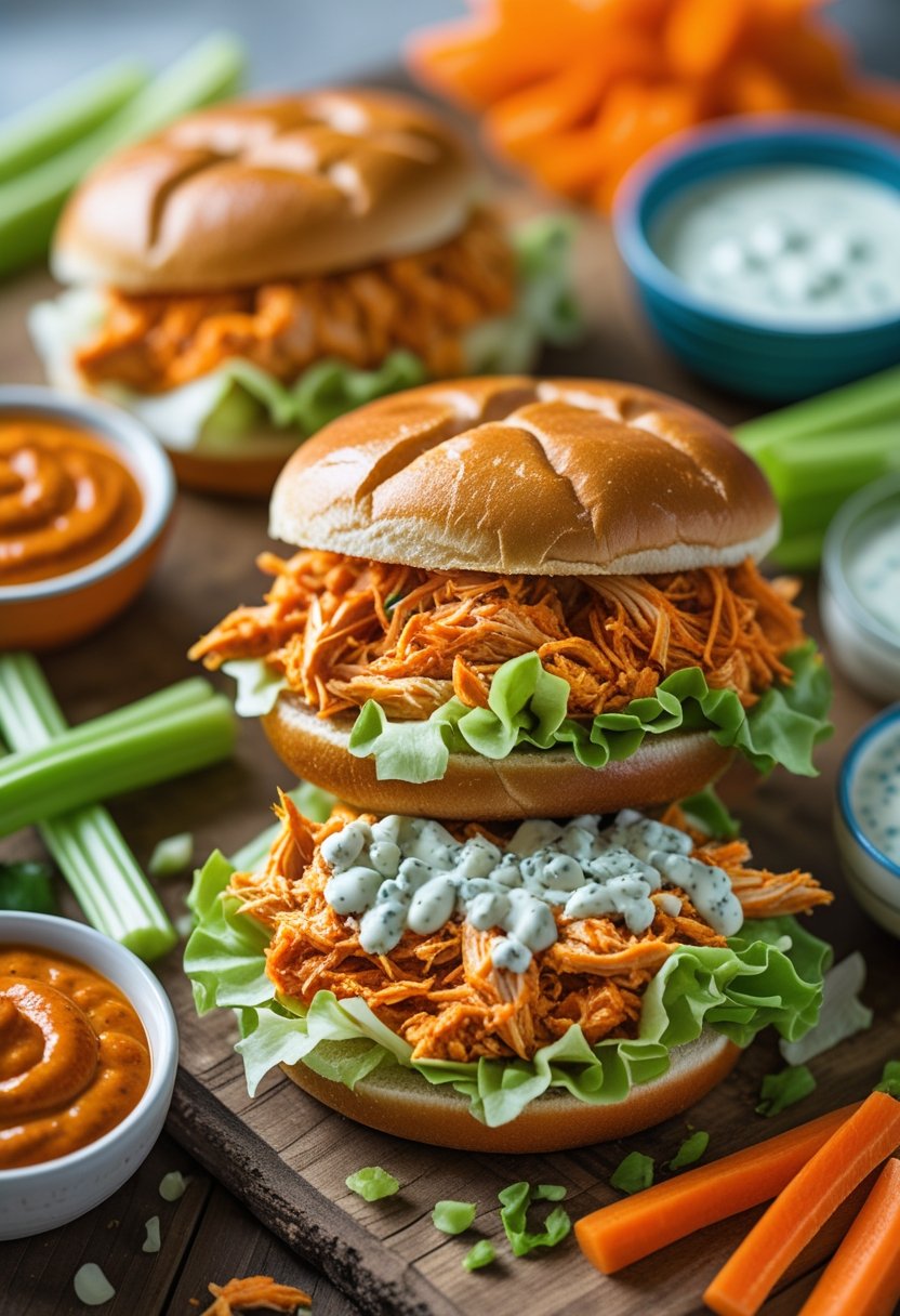 Close-up of buffalo chicken sandwiches with shredded chicken, lettuce, and sauce on toasted buns, placed on a rustic wooden surface with fresh celery and carrot sticks nearby.