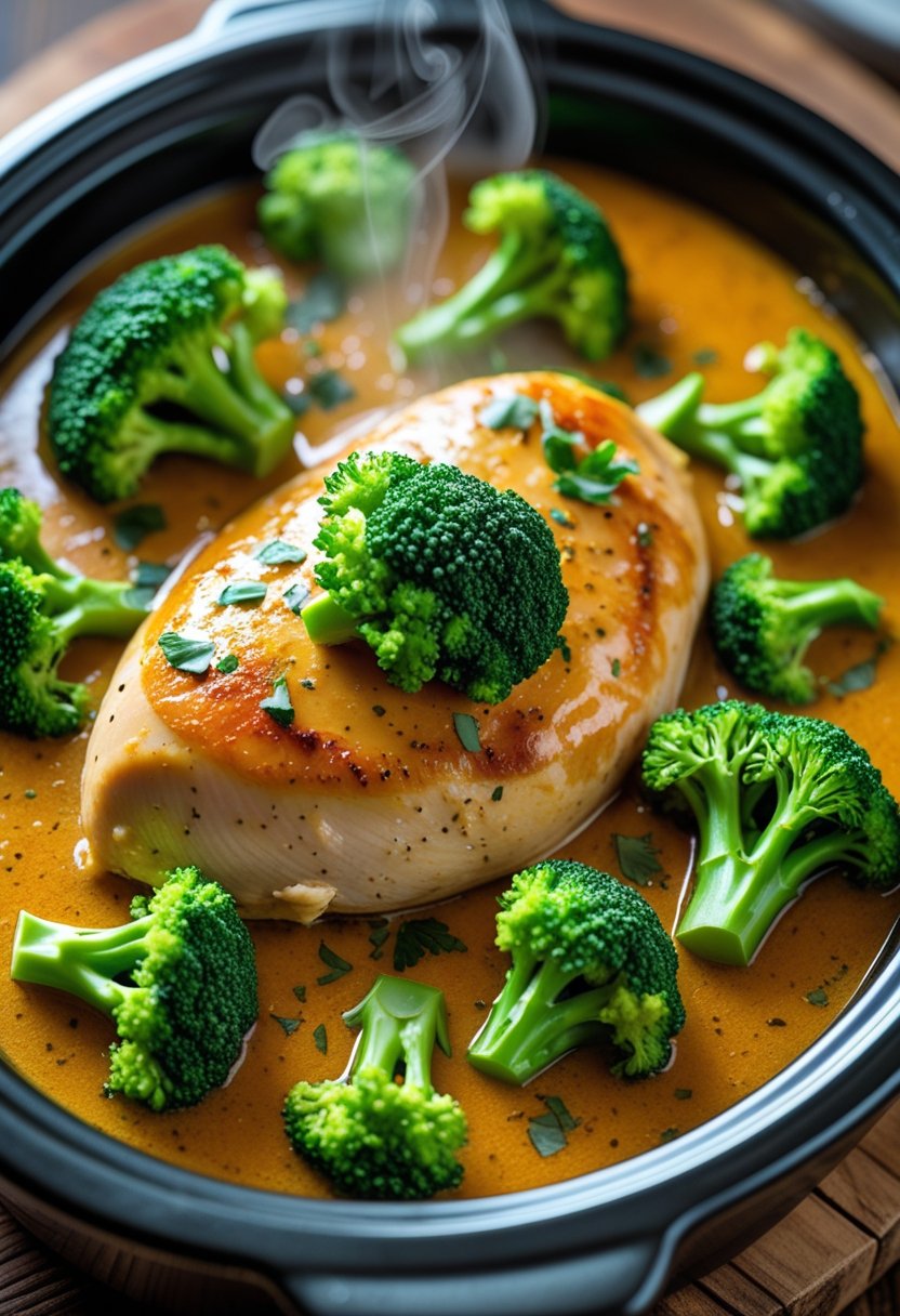 A close-up of a chicken breast and broccoli casserole in a rustic dish, showing tender chicken and green broccoli on a wooden surface.