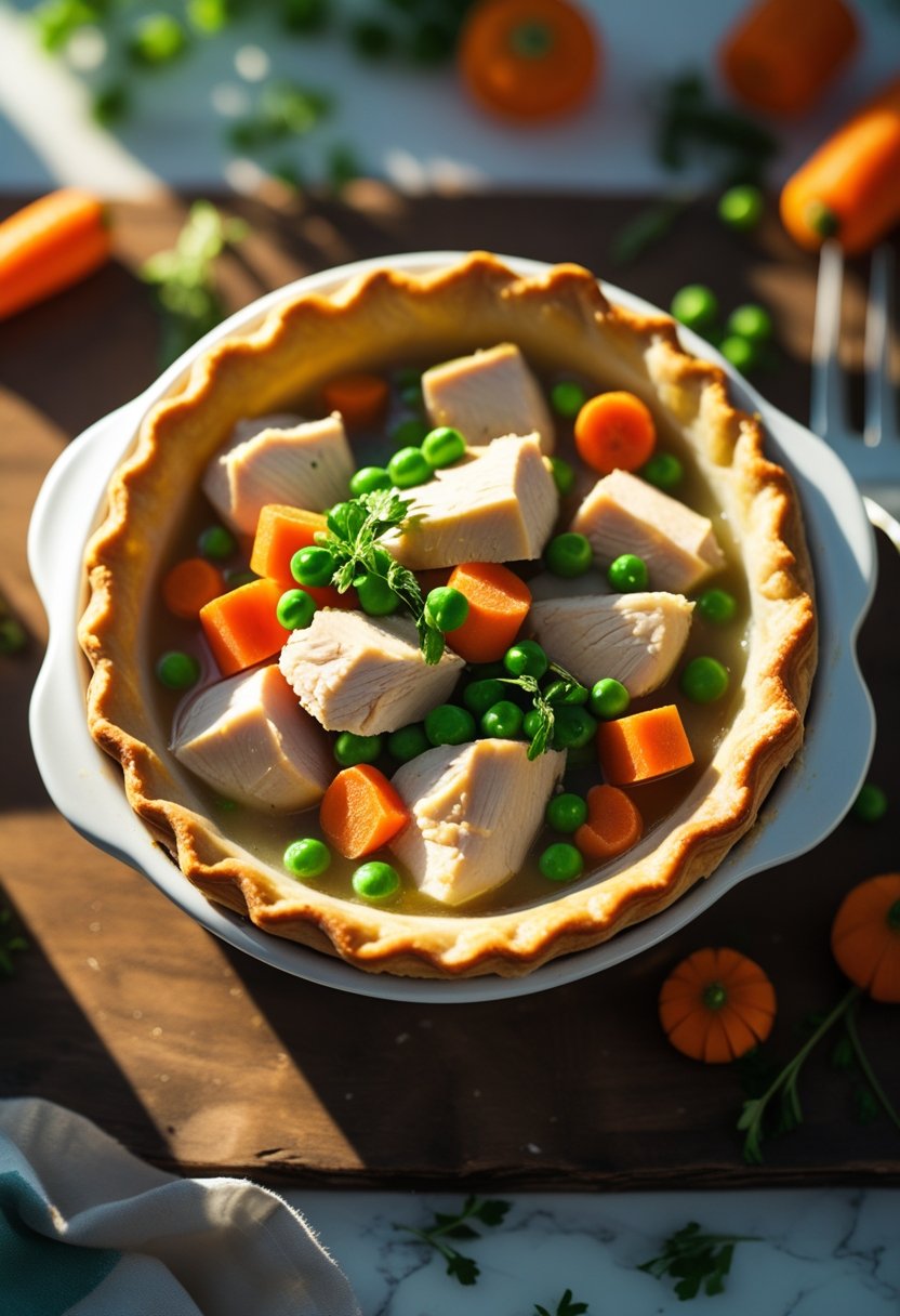 A close-up view of a golden chicken pot pie with fresh vegetables on a rustic surface.