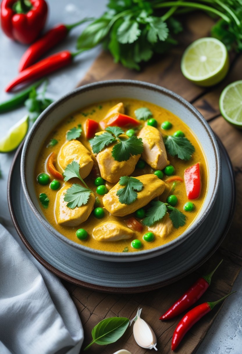 A bowl of Thai chicken curry with chicken pieces, vegetables, and fresh herbs on a rustic surface with fresh ingredients around it.