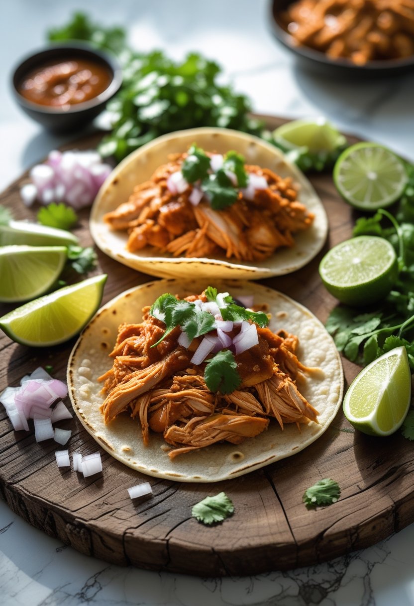 Overhead view of slow cooker chicken tinga tacos on a rustic surface, surrounded by fresh garnishes like lime wedges, diced onions, cilantro, and sliced avocado.