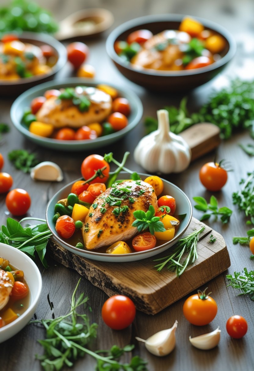 A top or angled view of cooked chicken breast dishes surrounded by fresh vegetables and herbs on a rustic wood or marble surface.
