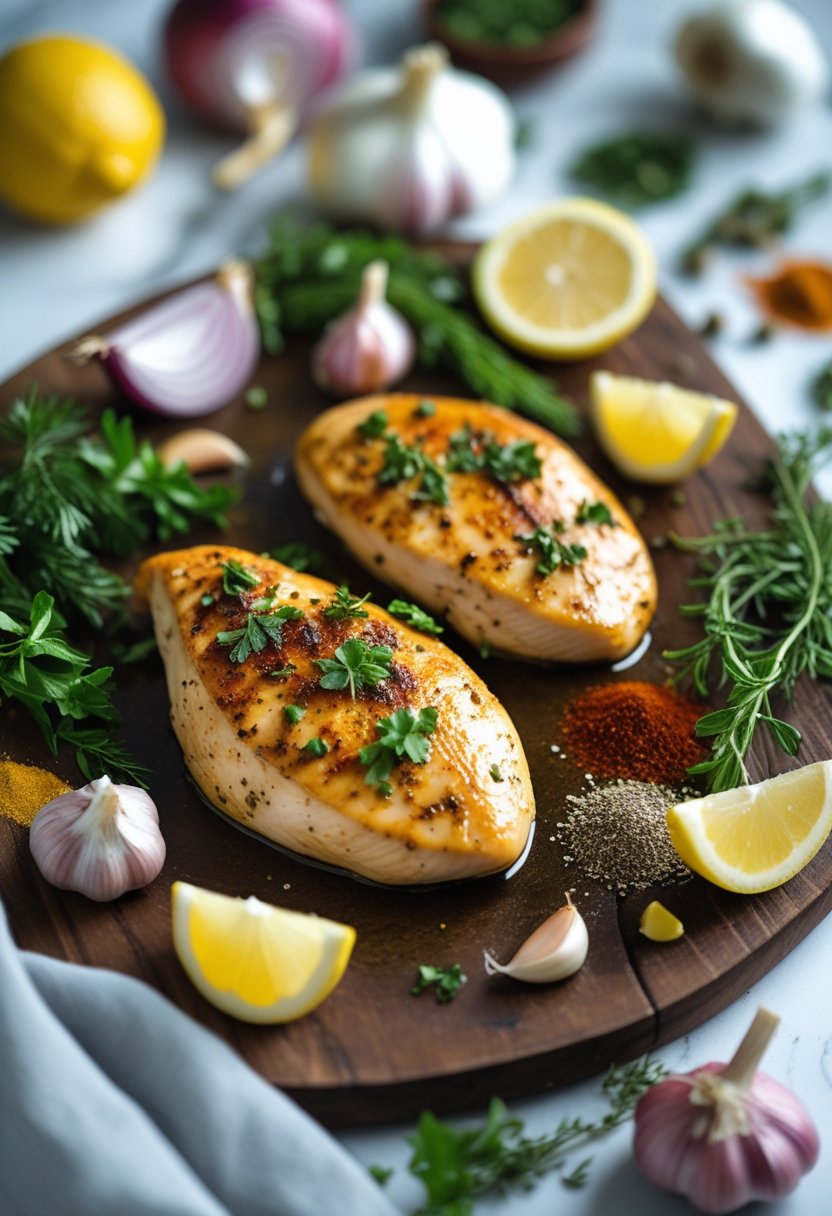 A close-up view of cooked chicken breasts on a rustic surface surrounded by fresh herbs, garlic, lemon wedges, and spices.