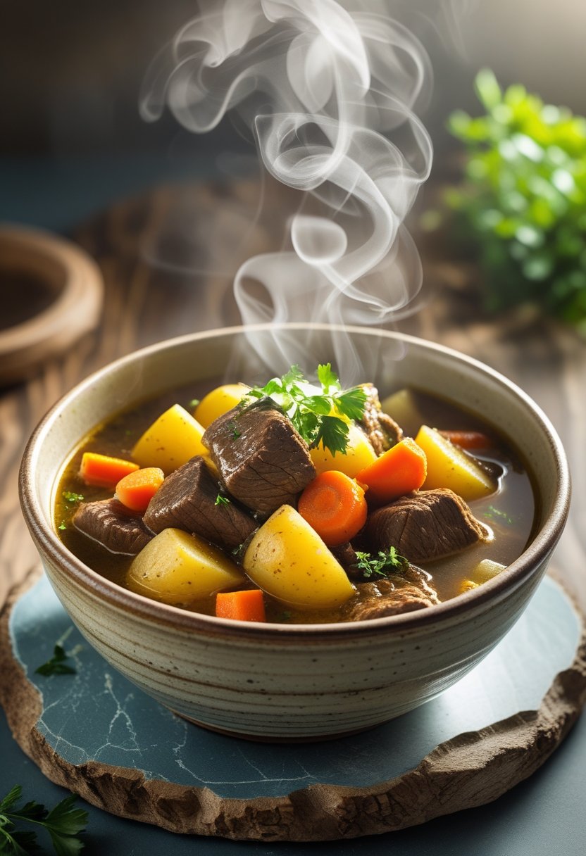 A bowl of slow cooker beef stew with potatoes and carrots on a rustic wooden surface.