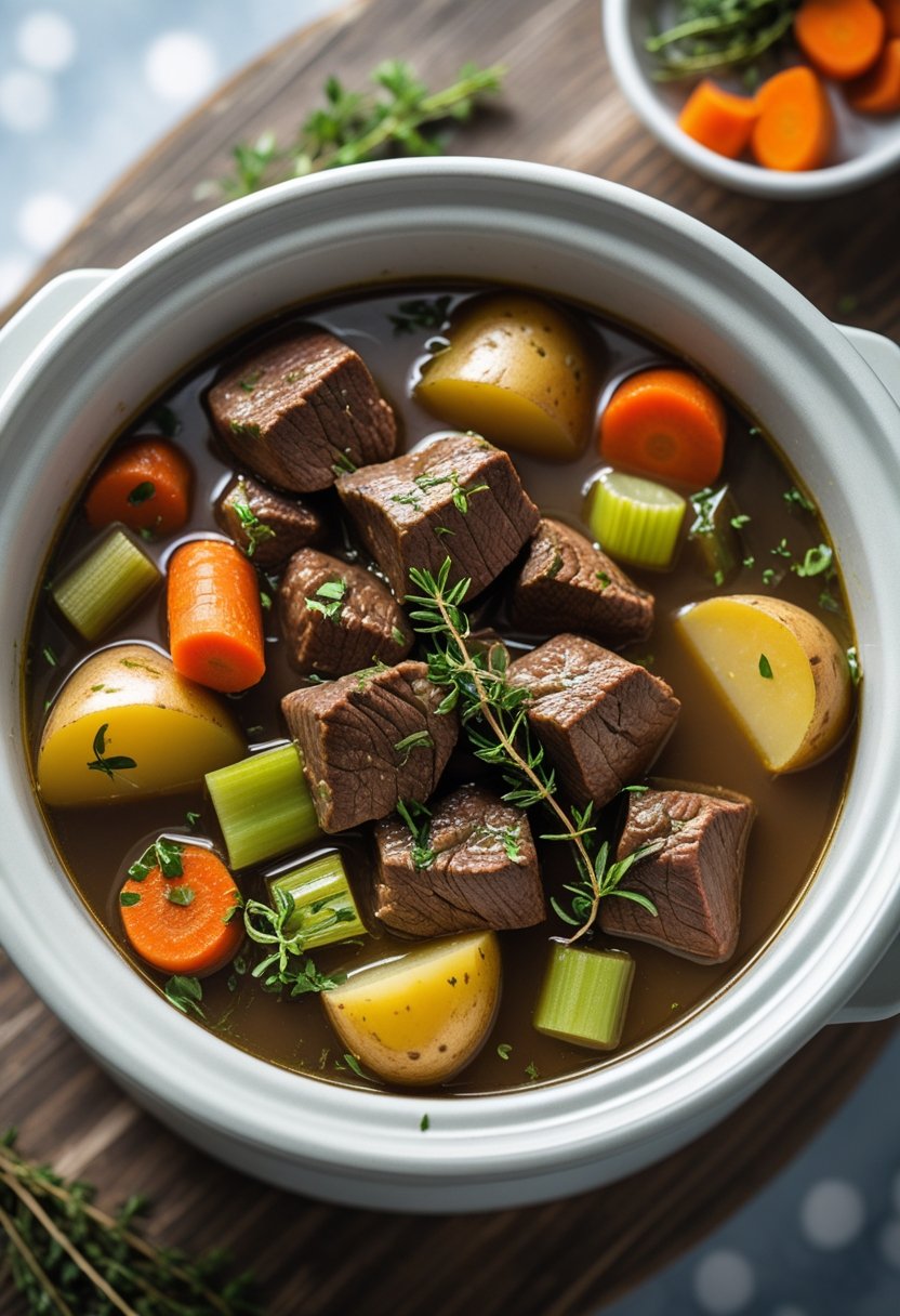 A bowl of beef stew with vegetables and fresh herbs on a rustic surface.