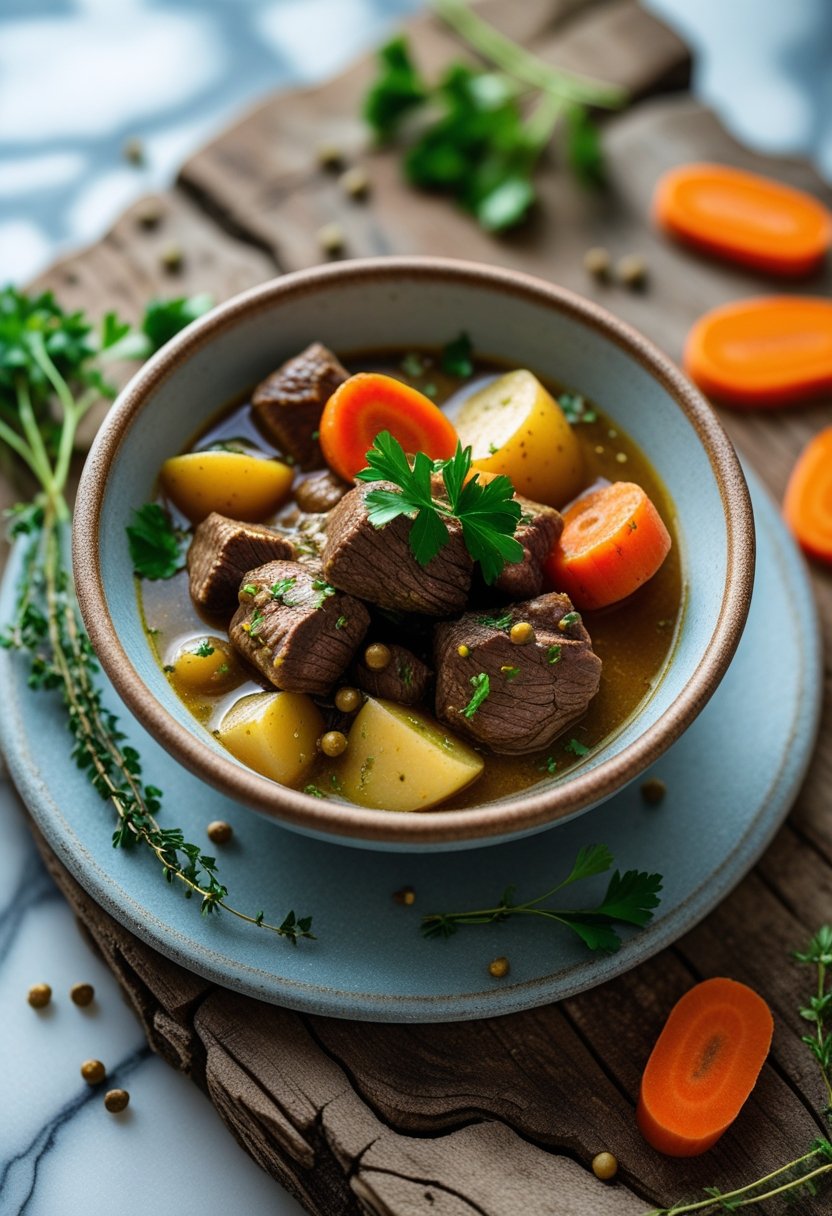 A bowl of mustard-seasoned slow cooker beef stew with beef, carrots, and potatoes on a rustic wood surface surrounded by fresh ingredients.