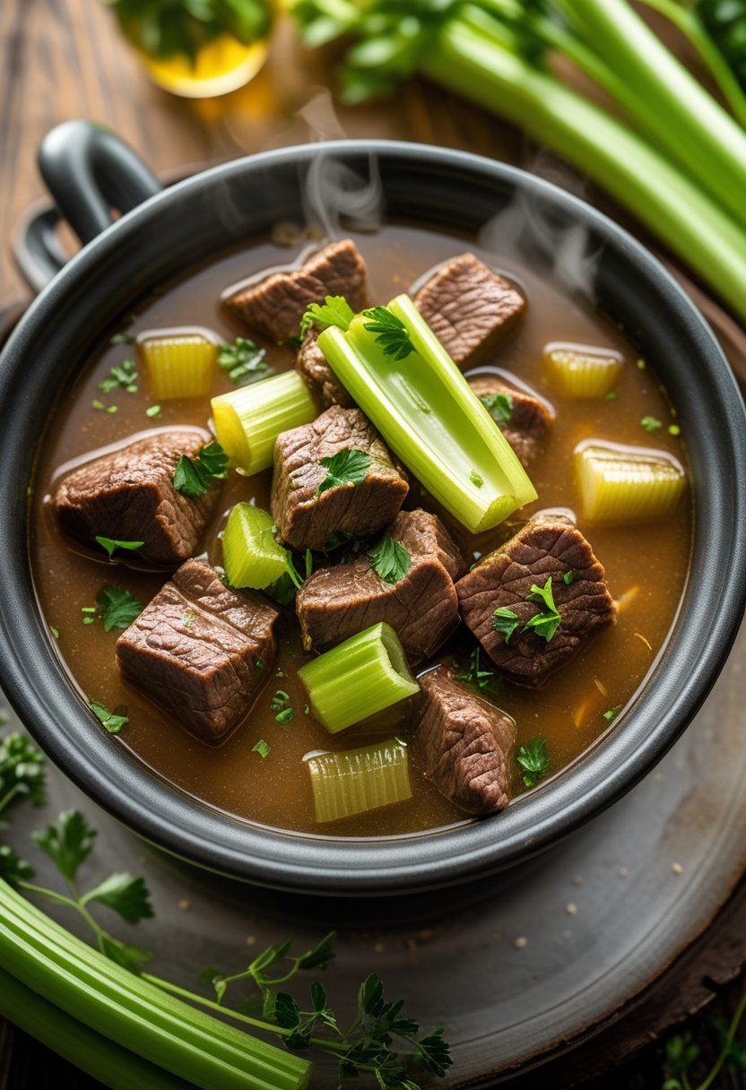 A bowl of hearty beef stew with celery and broth on a rustic wooden surface, surrounded by fresh celery stalks.