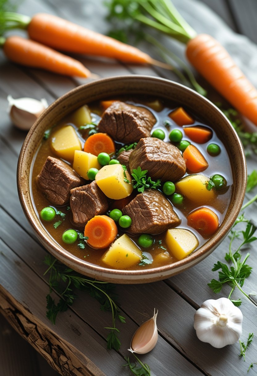 A bowl of beef stew with vegetables on a rustic wood surface surrounded by fresh ingredients.