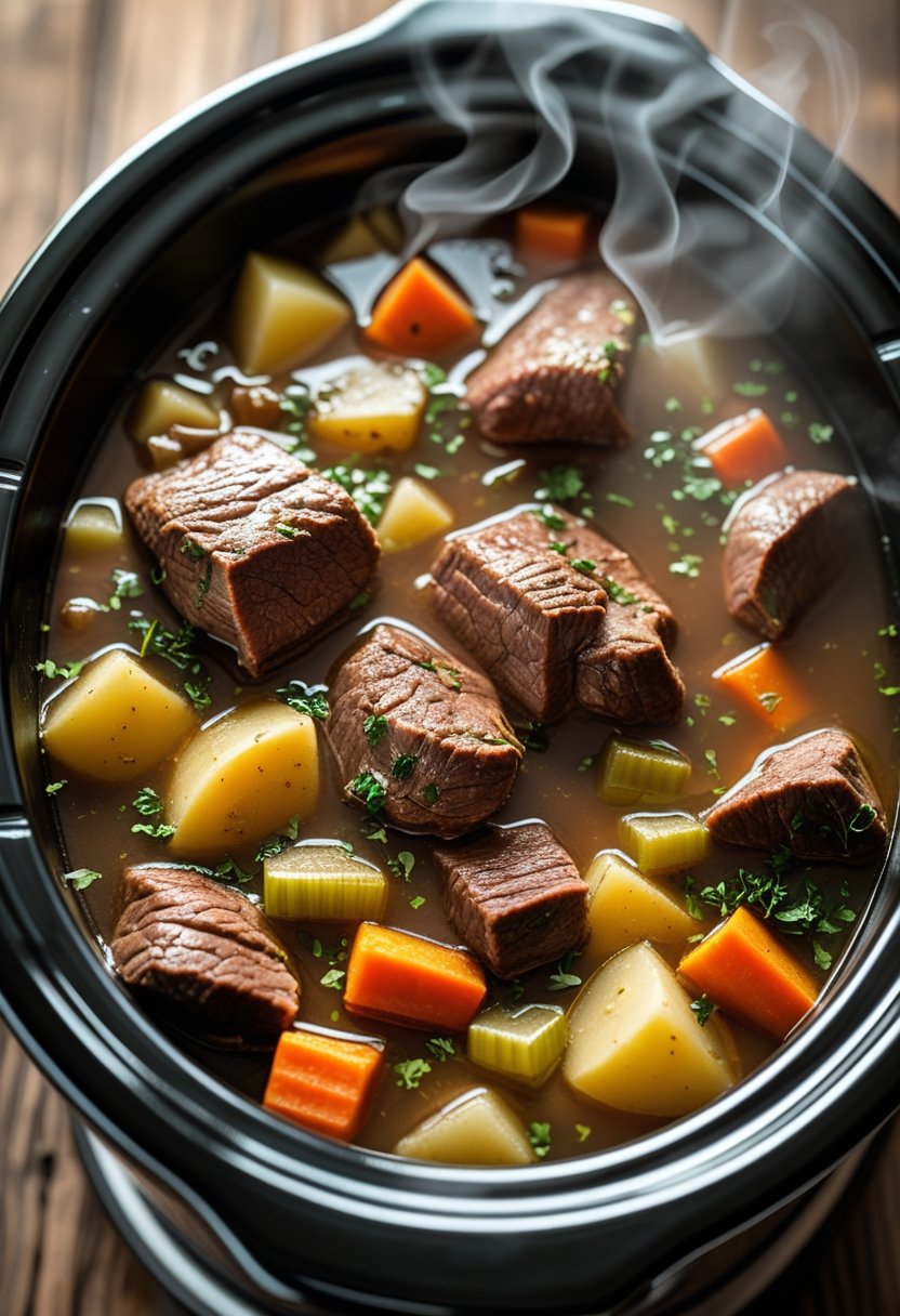 A bowl of tender chuck roast beef stew with vegetables on a rustic wood surface.