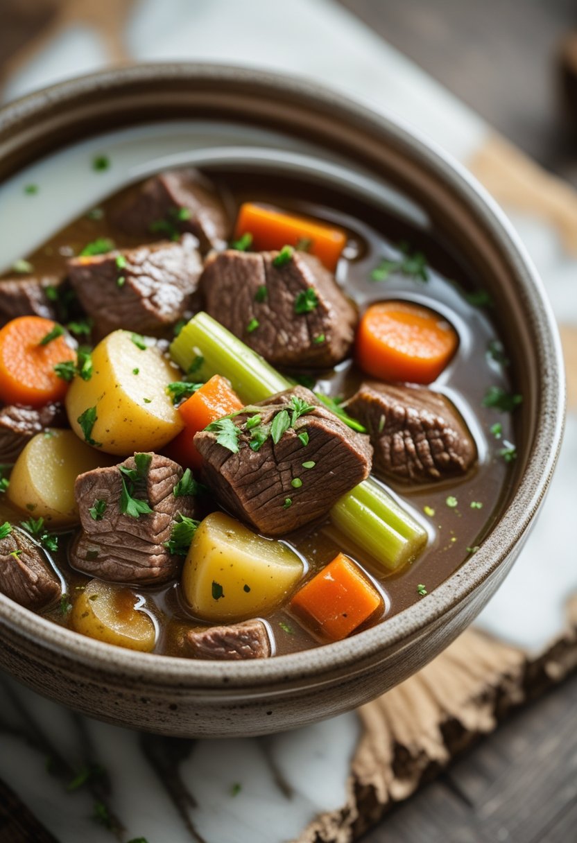 A bowl of thick beef stew with chunks of beef and vegetables on a rustic surface.