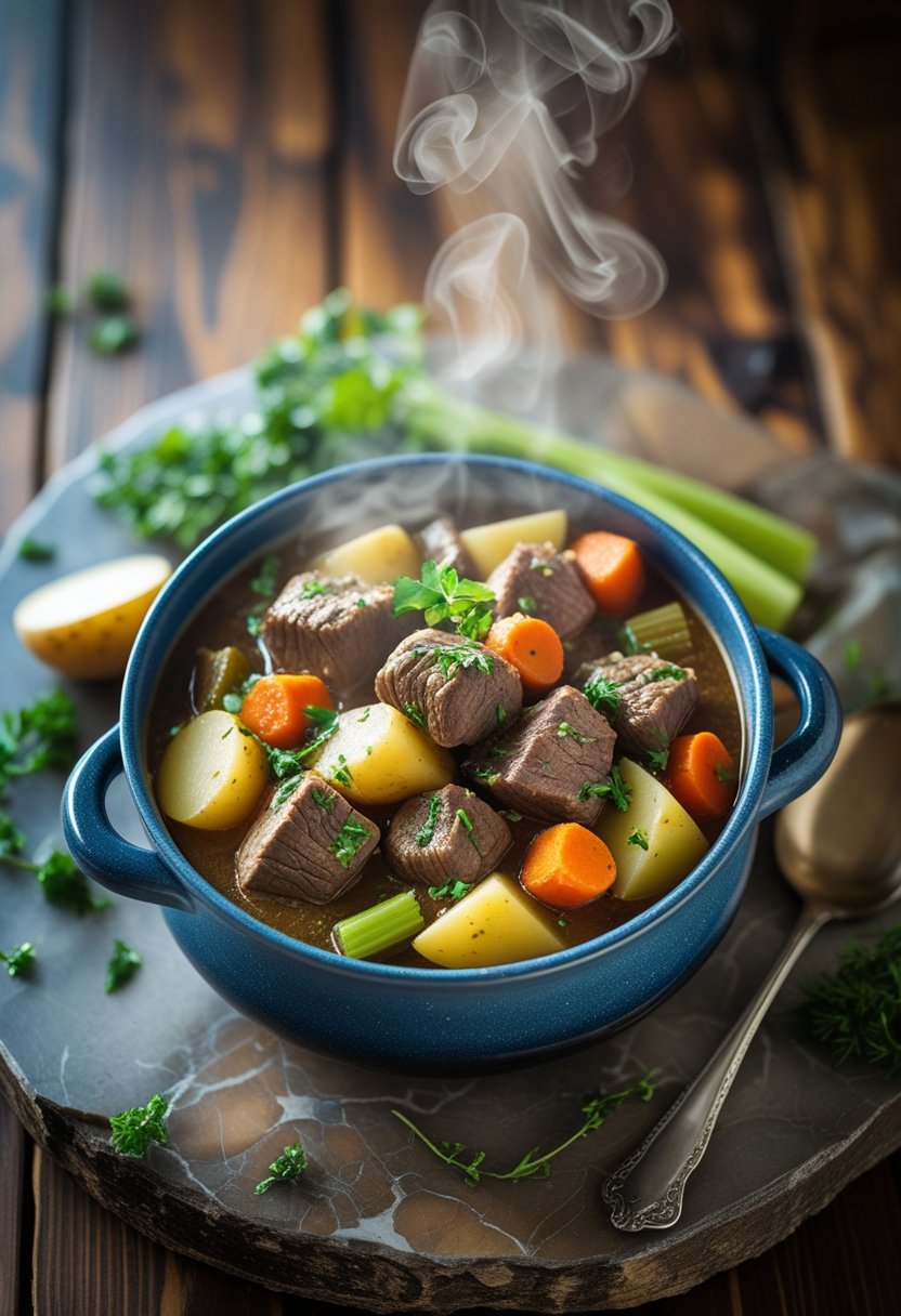 A bowl of slow cooker beef stew with beef, carrots, potatoes, and herbs on a rustic surface, with steam rising from the dish.