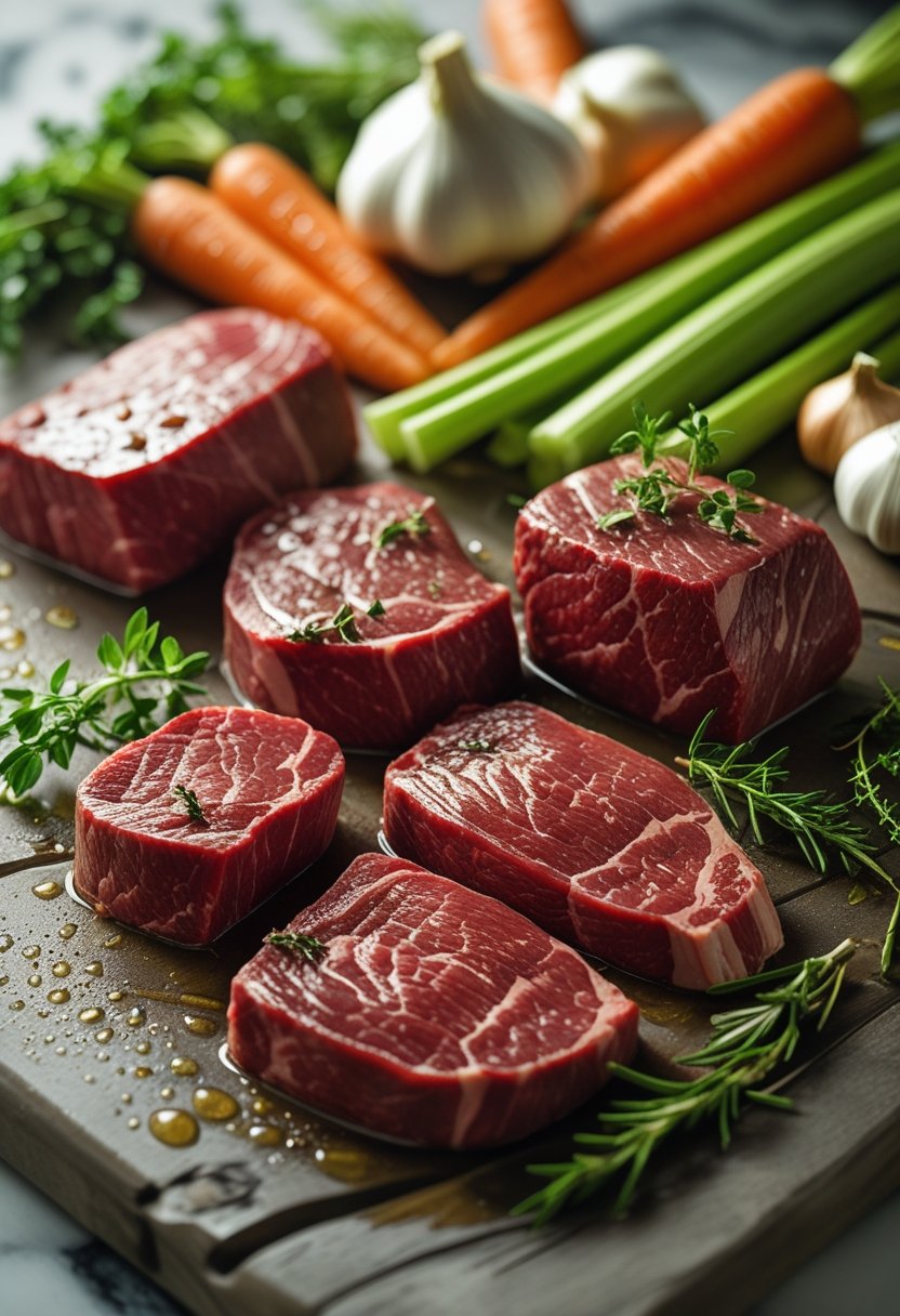 Top-down view of fresh beef cuts and colorful vegetables arranged on a rustic surface, ready for slow cooker stew preparation.