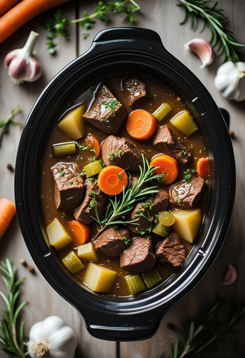 A crock pot filled with beef stew containing chunks of beef, carrots, potatoes, and herbs on a rustic surface with fresh ingredients around it.