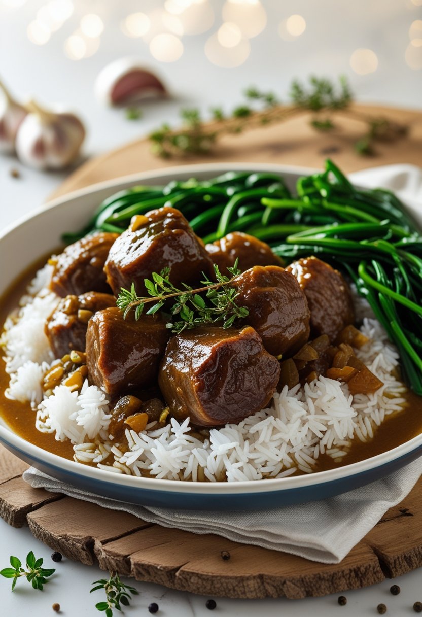 A bowl of slow-cooked oxtails served with white rice and sautéed greens on a rustic surface.