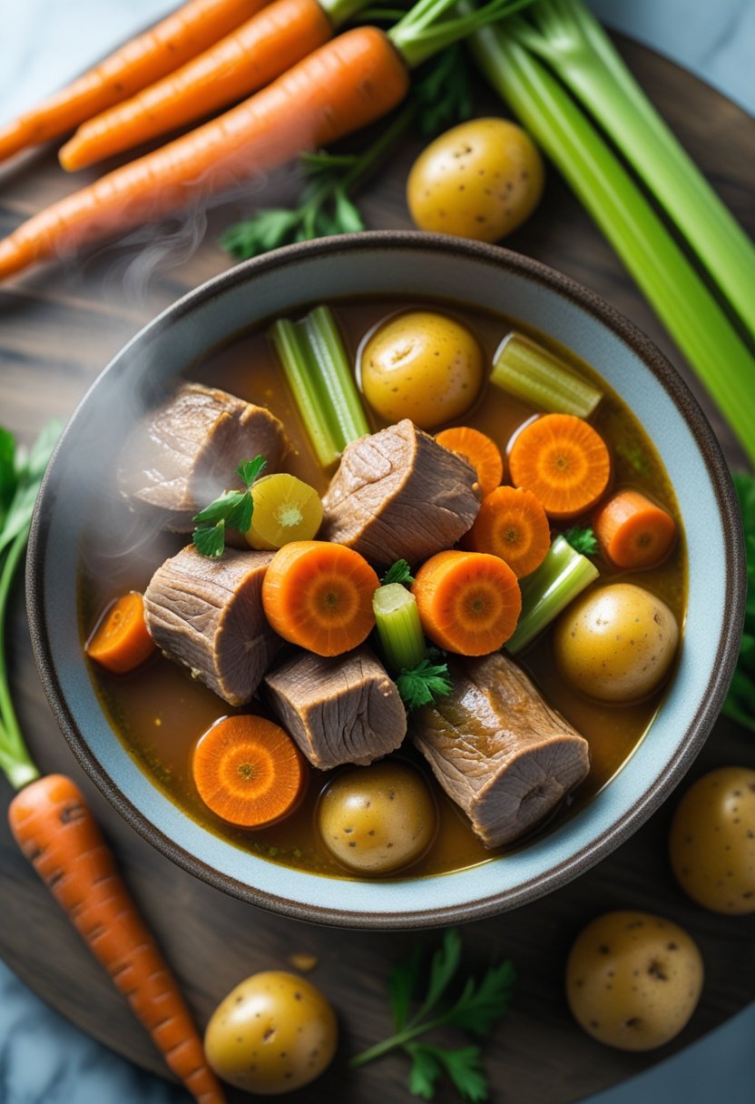 A bowl of slow cooker oxtail stew with carrots, celery, and potatoes on a rustic surface, surrounded by fresh vegetables.