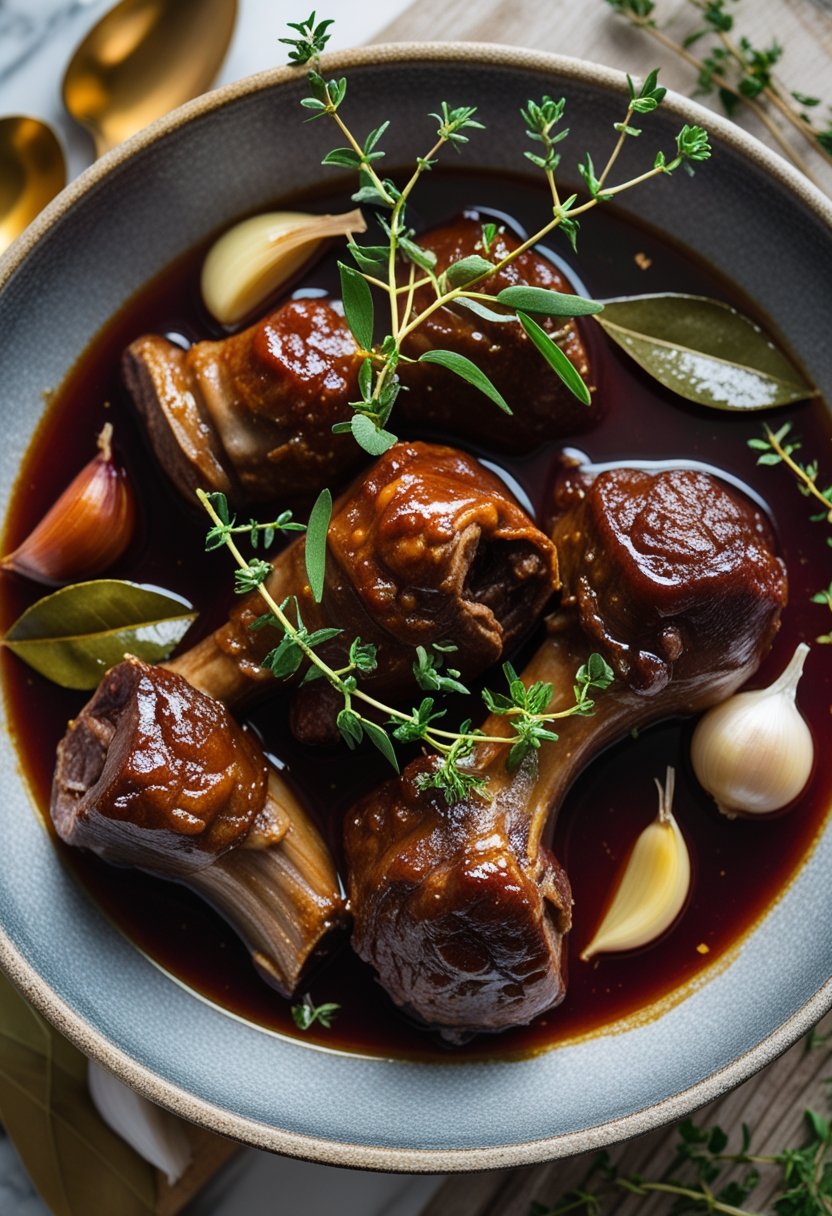 Close-up of slow cooker oxtails in rich red wine sauce on a rustic surface, surrounded by fresh herbs and garlic.
