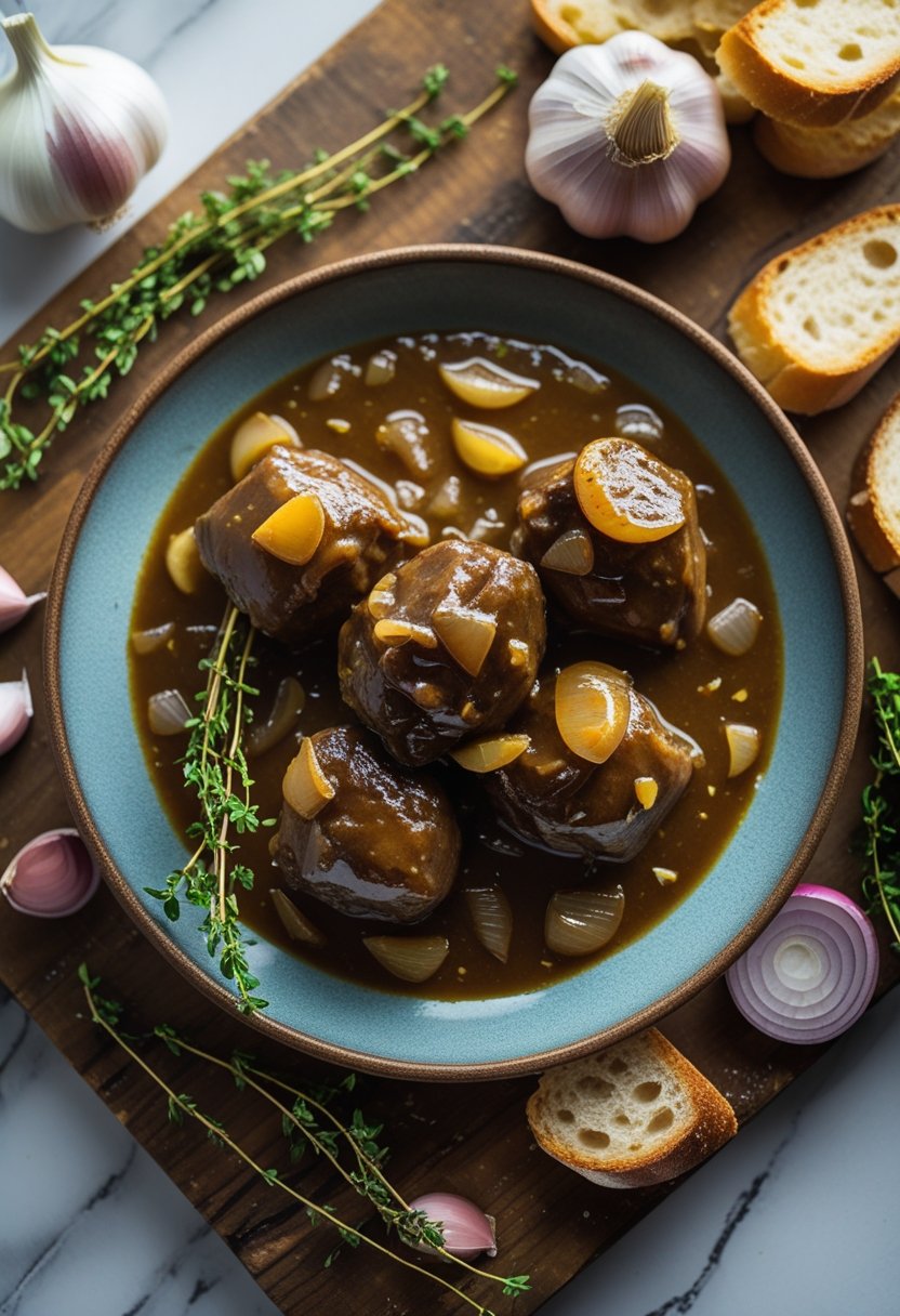 A plate of slow cooker smothered oxtails in onion garlic gravy on a rustic surface, surrounded by fresh garlic, thyme, and onions.