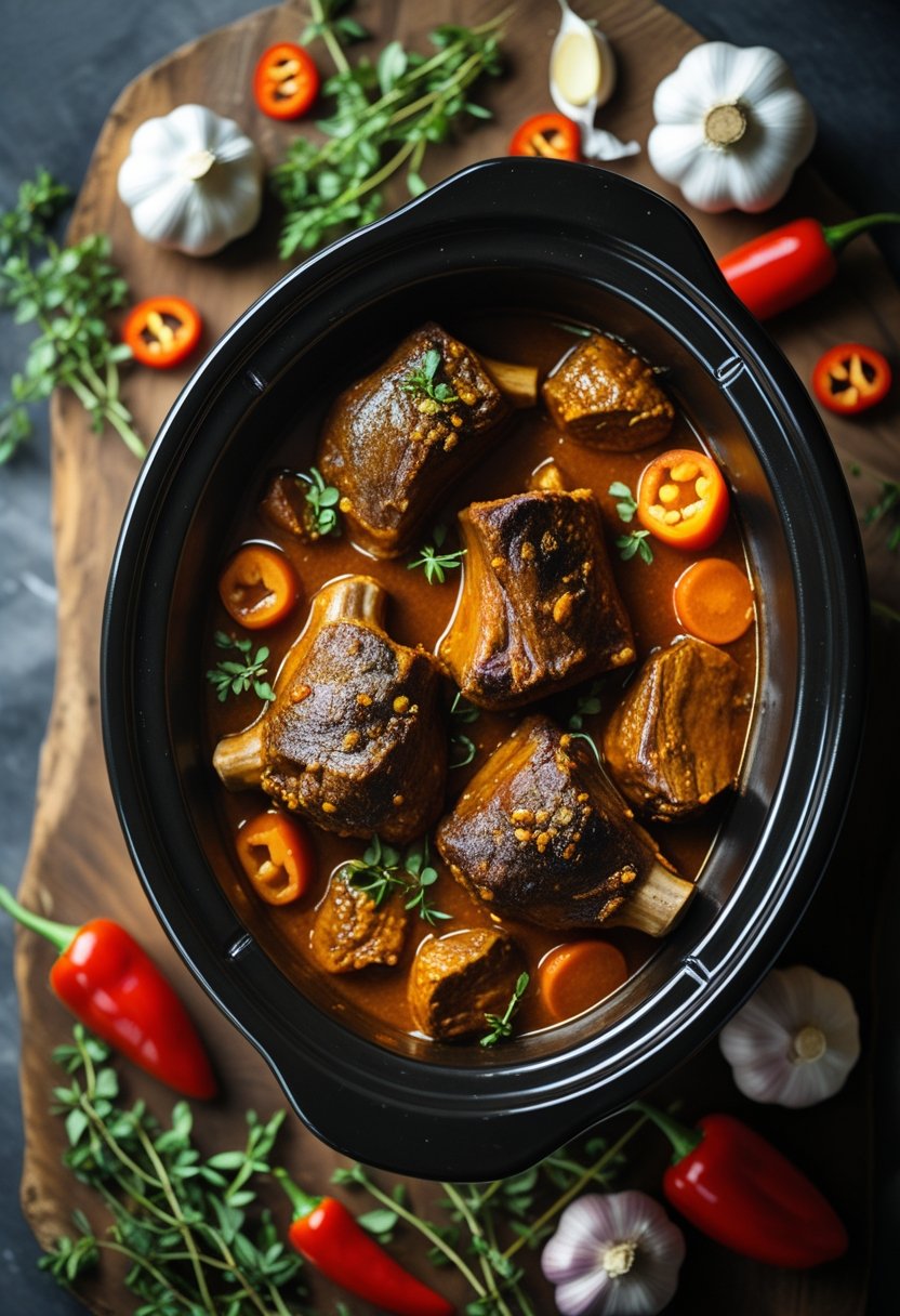 A slow cooker filled with spicy oxtails surrounded by fresh herbs and vegetables on a rustic surface.
