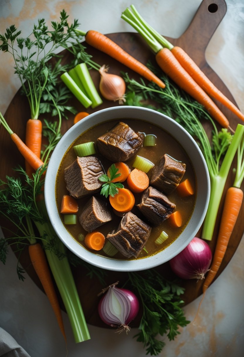 A bowl of slow cooker oxtail stew with vegetable broth, surrounded by fresh vegetables on a rustic surface.
