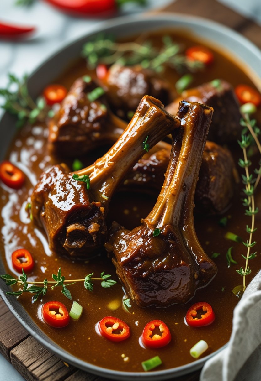 A plate of slow-cooked oxtails with fresh herbs and sliced chili peppers, placed on a rustic wood surface with blurred background.