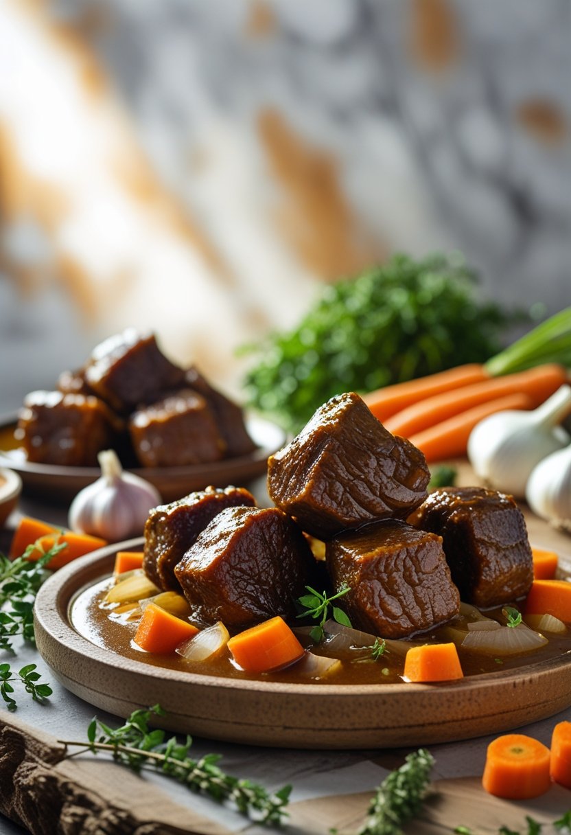 A close-up overhead view of a slow cooker oxtail dish on a rustic surface surrounded by fresh herbs and vegetables.