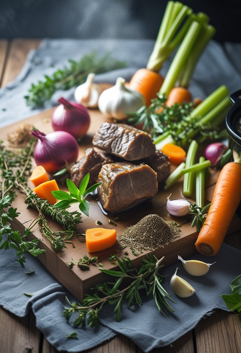 Overhead view of fresh ingredients for slow cooker oxtail recipes arranged on a rustic surface, including oxtail pieces, root vegetables, herbs, and spices.