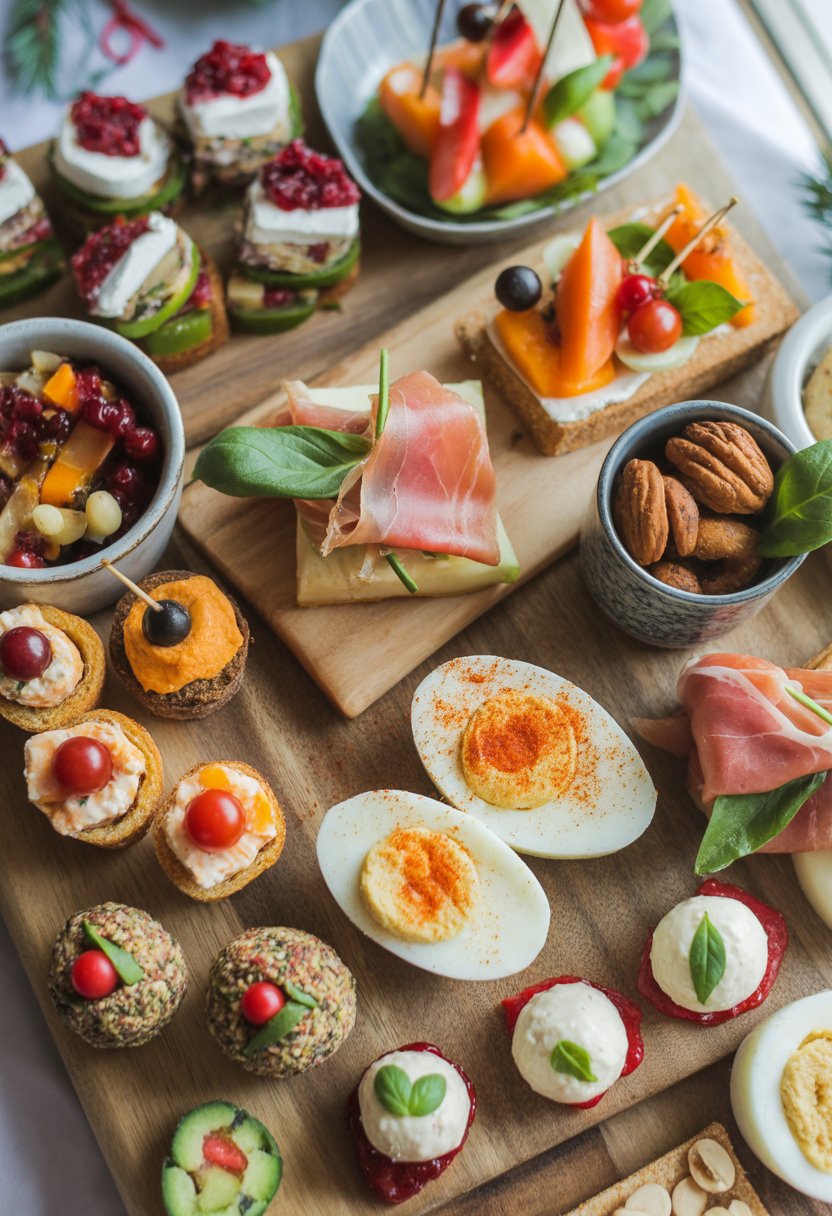 A festive spread of 10 Christmas appetizers including stuffed mini peppers, crostini, smoked salmon bites, melon wrapped in prosciutto, caprese skewers, deviled eggs, meatballs, cheese balls, vegetable pinwheels, and spiced nuts on a rustic surface.