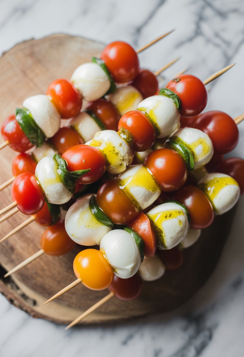 Close-up of Caprese skewers with cherry tomatoes, mozzarella, and basil on a rustic wooden surface.