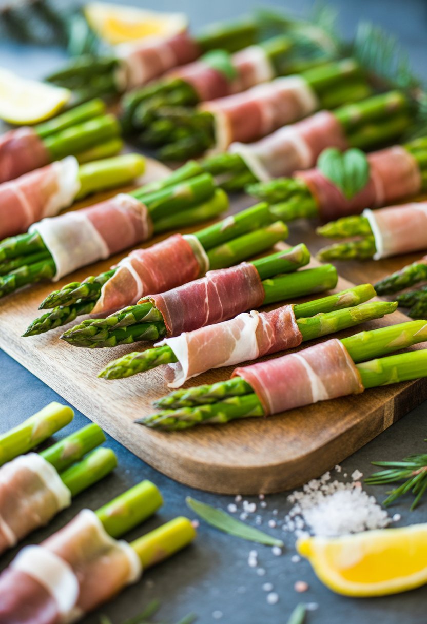 A plate of prosciutto-wrapped asparagus arranged on a rustic surface with fresh herbs and lemon wedges around.